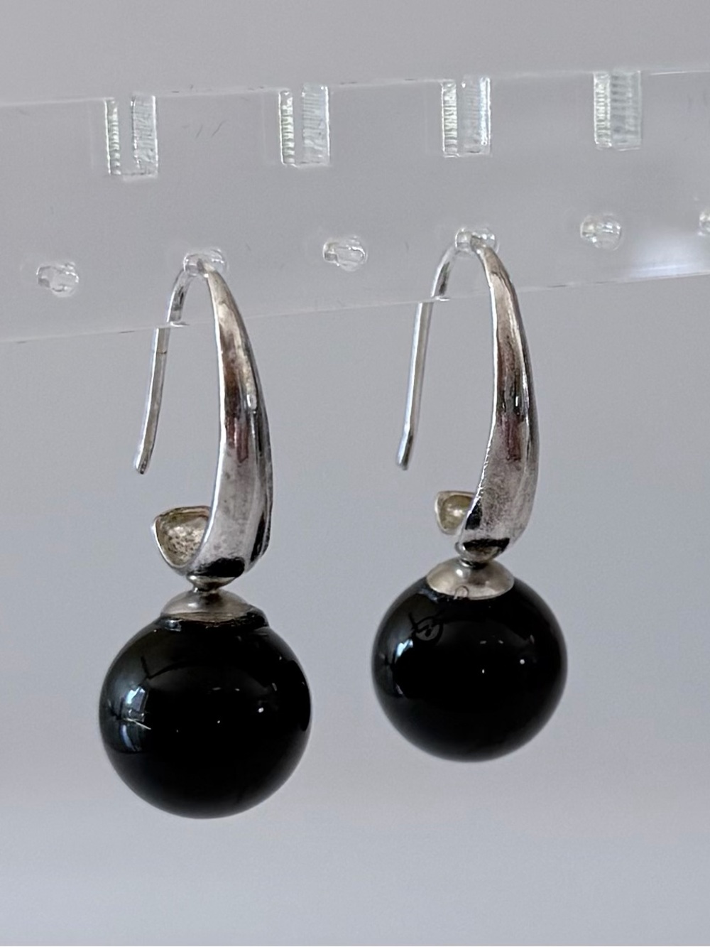 Vintage Sterling Silver Black Bead Drop Pierced Earrings